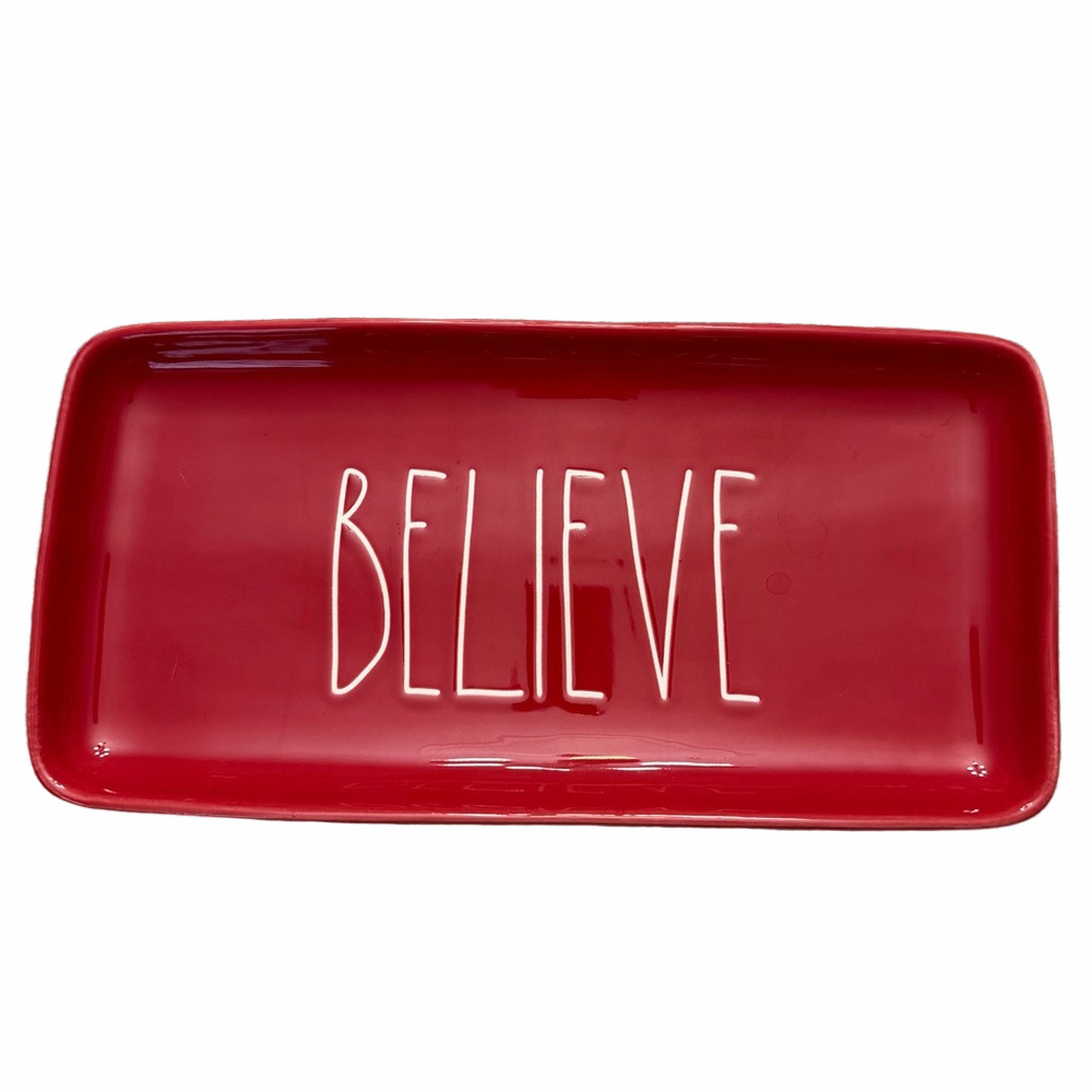 Rae Dunn Artisan Collection by Magenta Red Ceramic Tray with 'BELIEVE' Text
